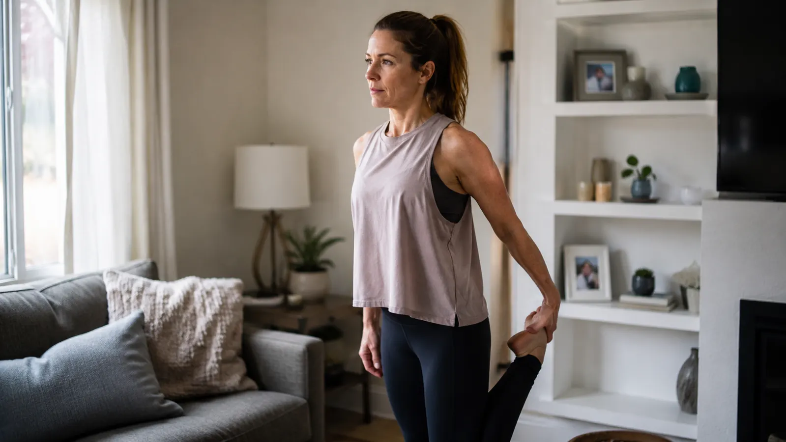 Woman sitting on couch applying a compression knee sleeve after a long workday