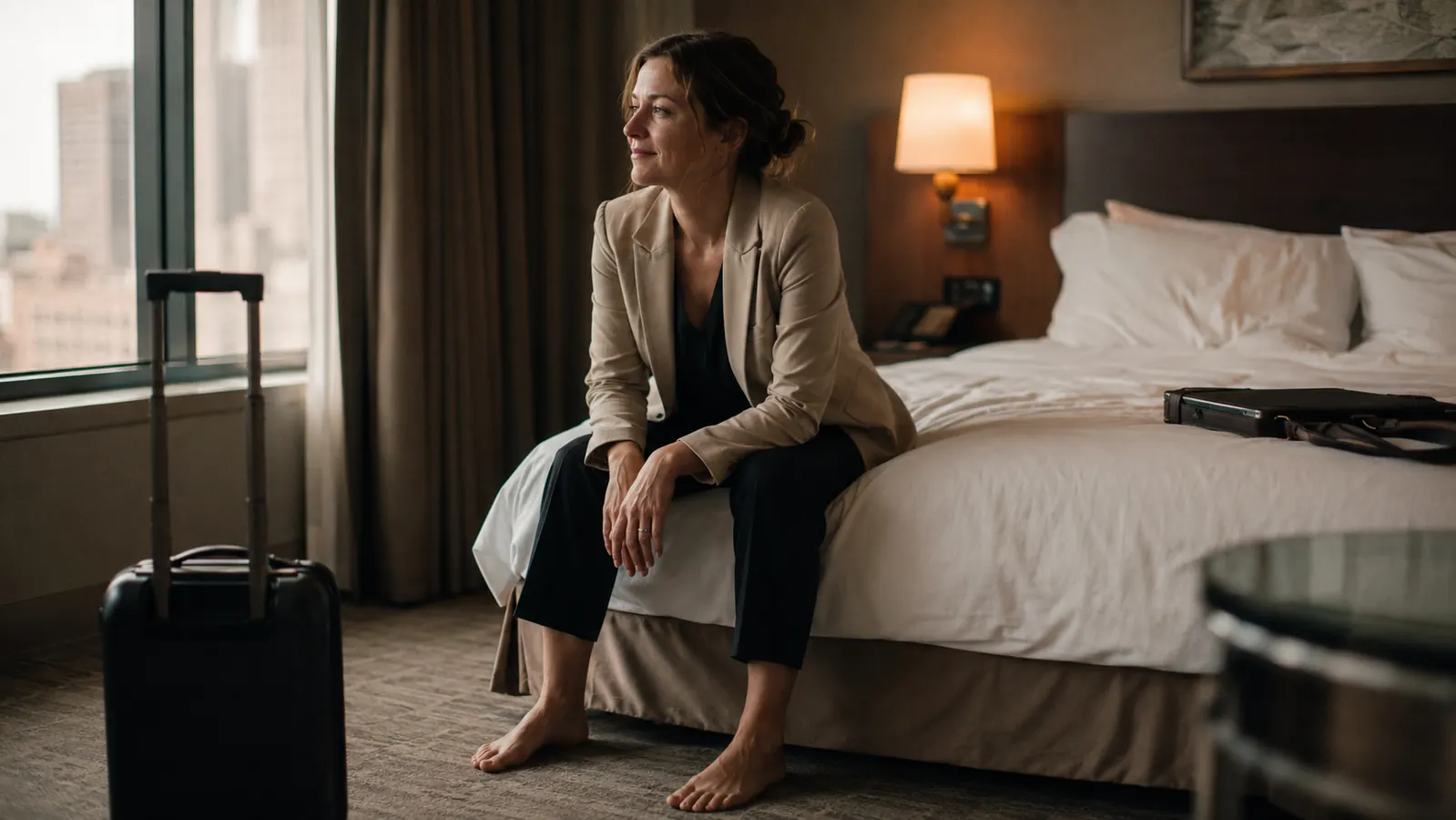 Woman using a massage gun on her upper back while traveling, seated in a hotel room