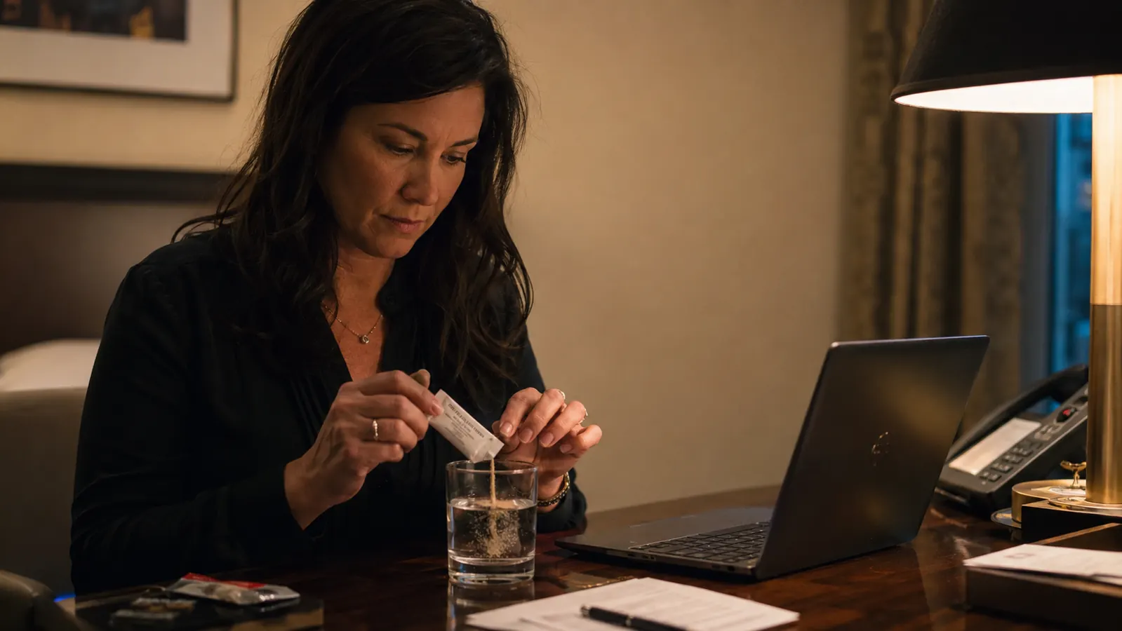 Woman sitting at a kitchen table with a glass of colored water, looking relaxed