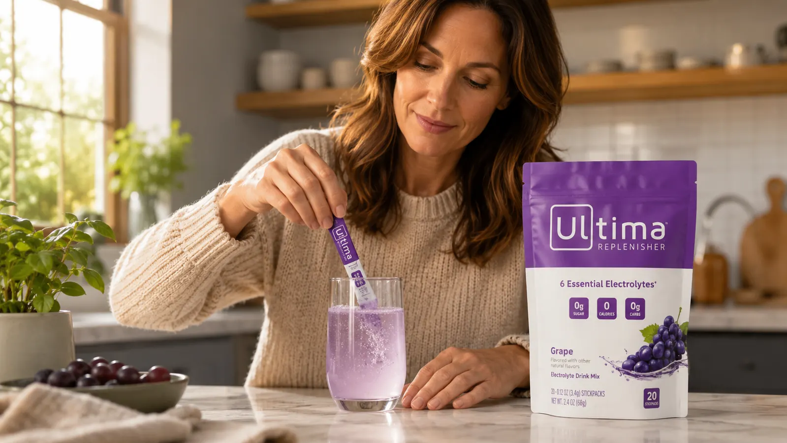Hand holding an Ultima Replenisher stickpack over a stainless steel water bottle, torn open and ready to pour